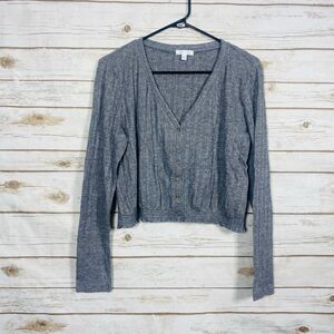 Abound Women Cropped Cardigan Knit Top Ribbed V-Neck Heather Gray Size L